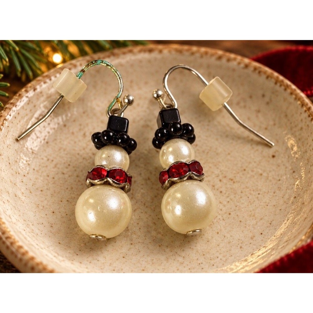 Vintage Snowman Earrings Faux Pearl Red Rhinestone Black Hat Christmas Dangle